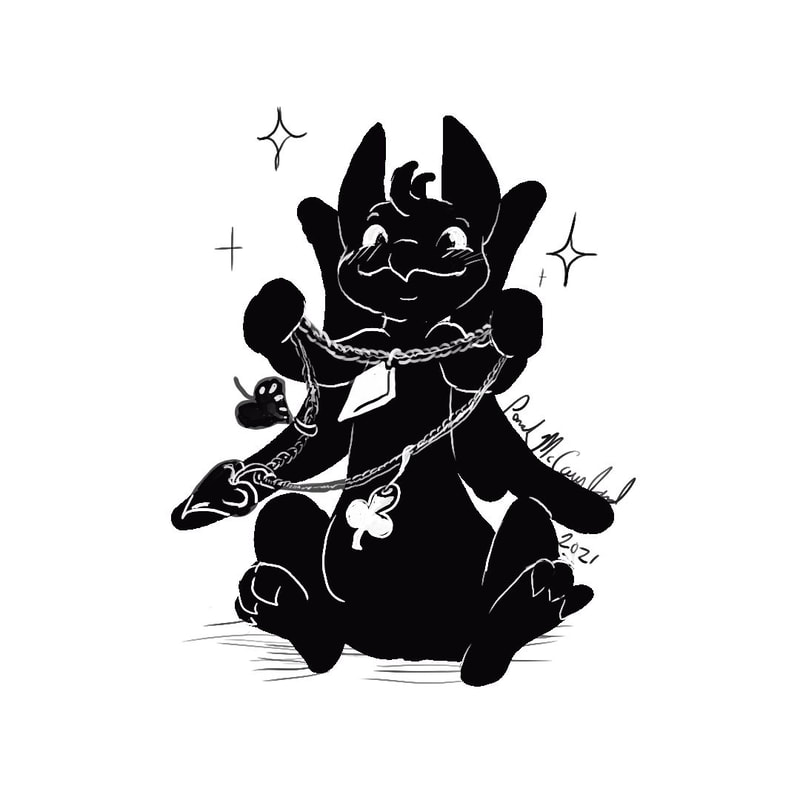 A black and white digital drawing of Olivia the Dragon. She is excited and holding up a bracelet with four charms on it, one from each suit of a standard deck of cards. She is surrounded by sparkles. 