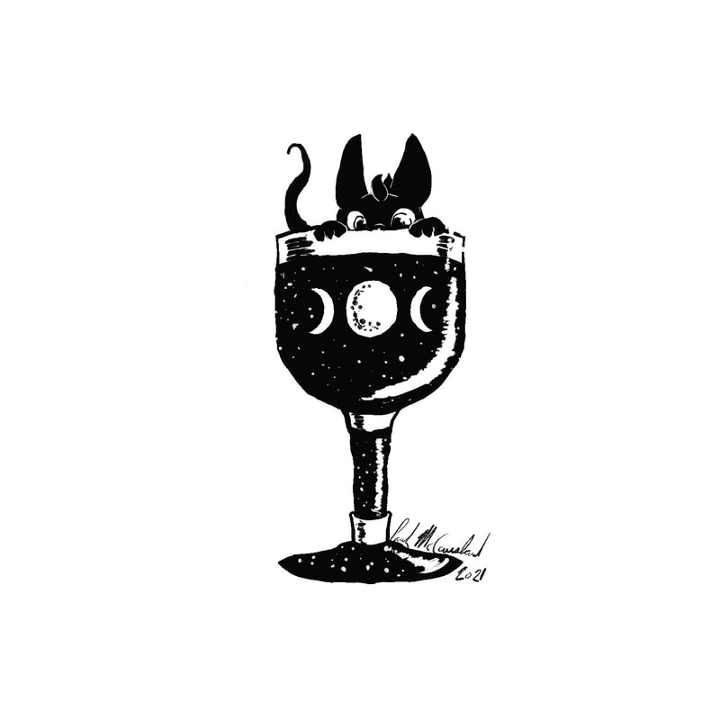 A black and white digital drawing of a dragon peeping out of a goblet. The goblet is covered in stars and has a symbol with a full moon and two crescent moons.