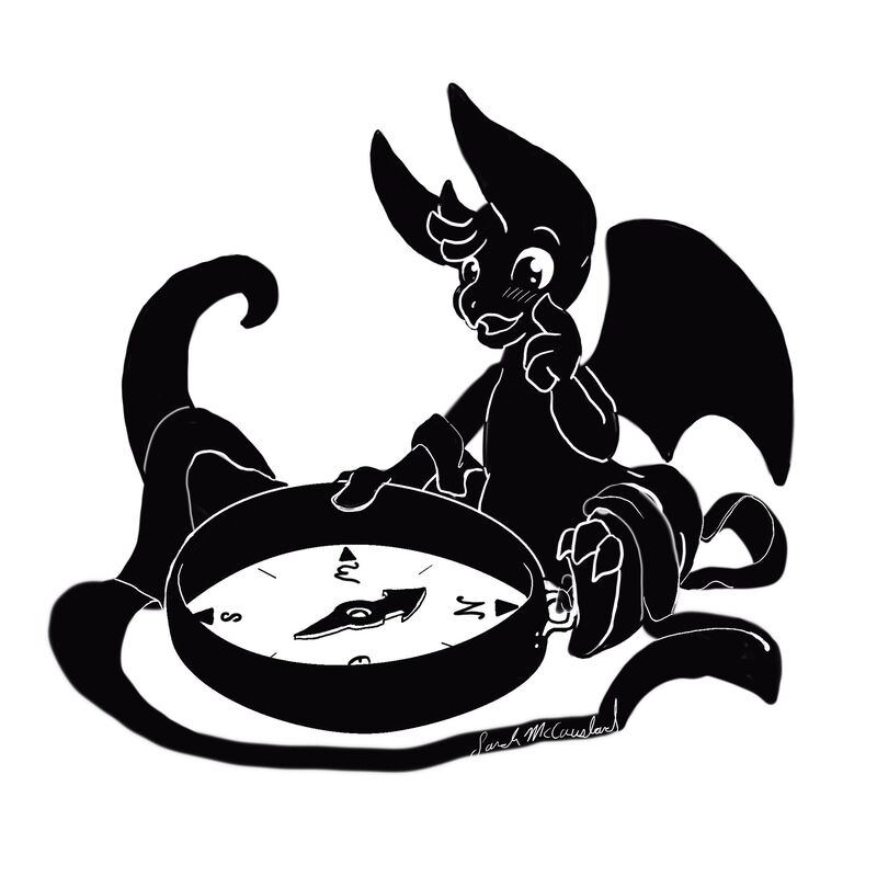 A black and white digital drawing of Olivia the dragon cheerfully inspecting a compass on a ribbon.