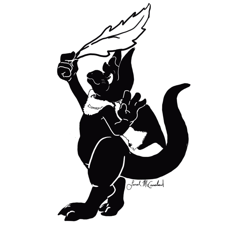 A black and white digital drawing by Sarah McCausland depicting Olivia the Dragon. She is standing on her hind legs, wearing a scarf and holding a leaf over her head as she looks up at it.