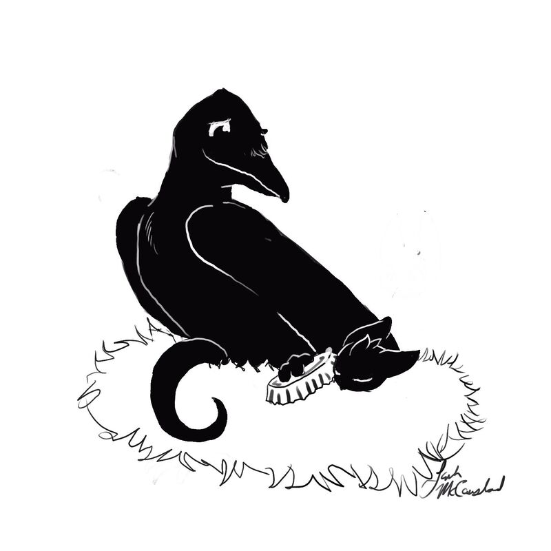 A black and white digital drawing of Olivia the Dragon. She is curled up asleep in a bird's nest, holding onto a bottlecap. A motherly raven is looking fondly at her.