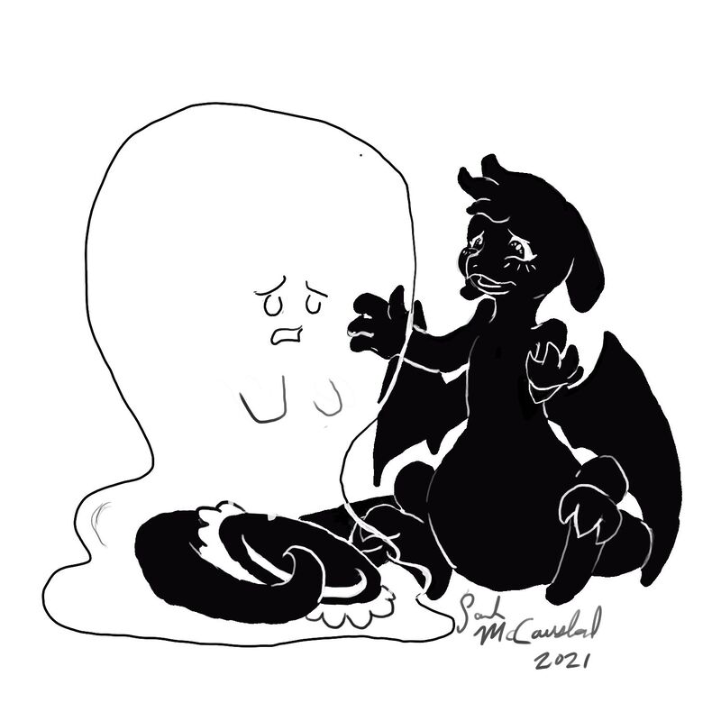  A black and white digital drawing of Olivia the Dragon comforting a sad ghost that is come out of a brooch.