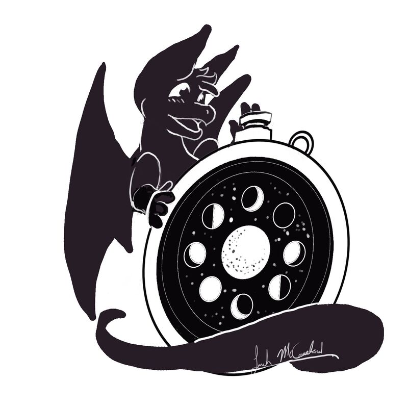 a black and white digital drawing of Olivia the dragon popping out from behind a pocket watch with a moon phase design.