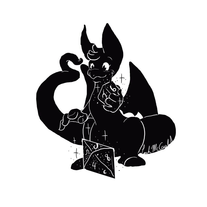 A black and white digital drawing of Olivia the Dragon. She is picking between a D6 and a D8.