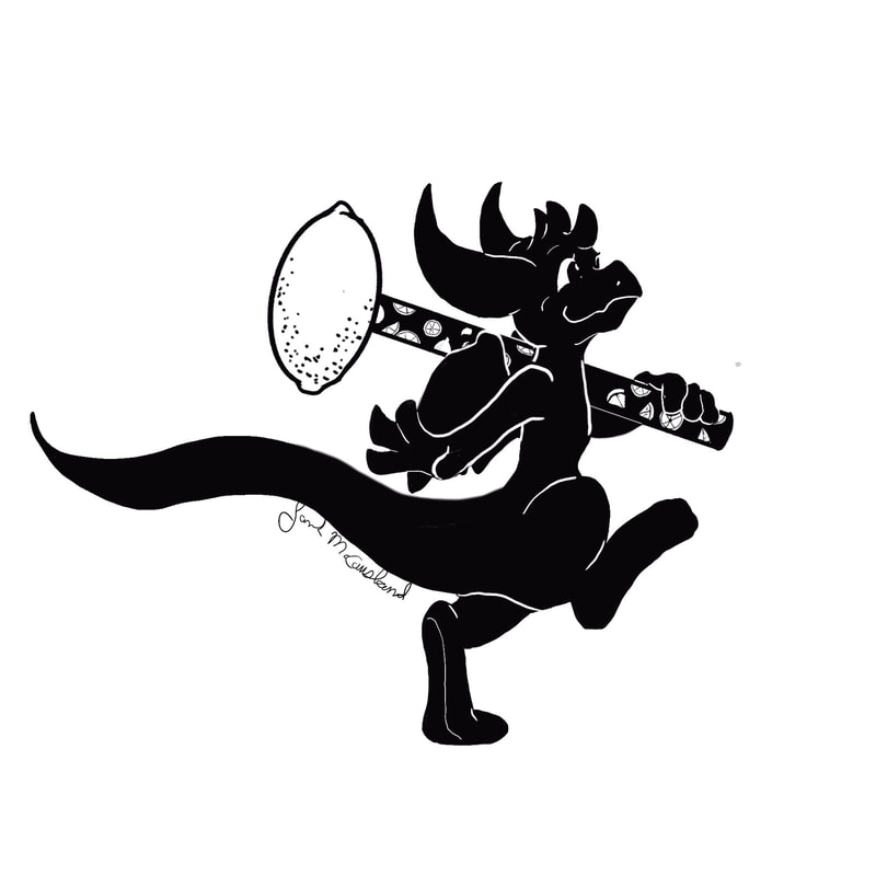 A black and white digital drawing of Olivia the Dragon. She is cheerfully skipping to the right, swinging her arms and holding a pencil with a lemon-shaped pencil topper cover her shoulder.