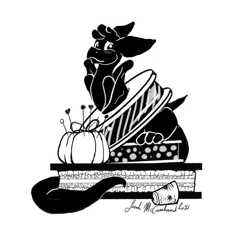 A black and white digital drawing of Olivia the Dragon stuck in a roll of ribbon. She looks concerned. There are three rolls of ribbon, stacked, and Olivia is stuck in the top roll, which is striped. The middle roll is spotted, and the bottom roll is lace. a pumpkin-shaped pincushion sits on the bottom roll, and a thimble with a spider pattern sits on the ground.