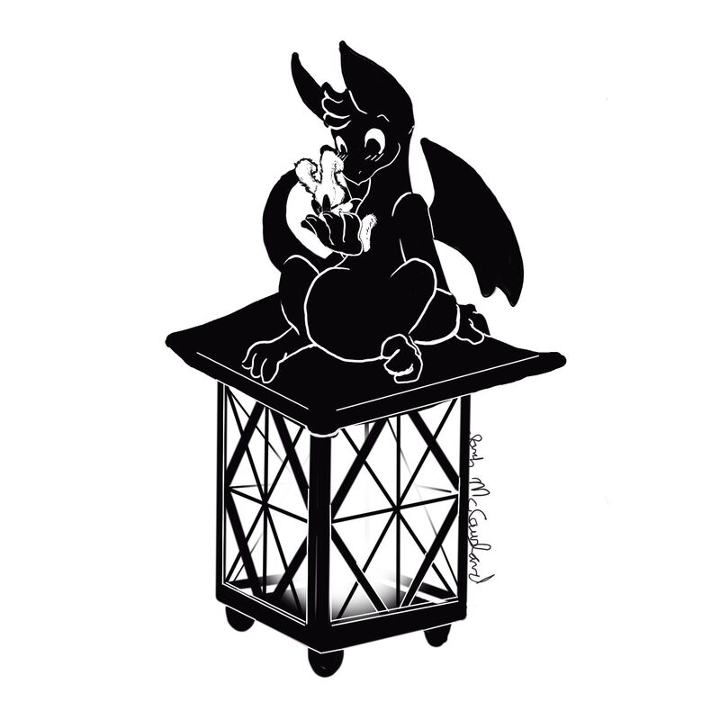 A black and white digital drawing of Olivia the Dragon sitting on top of a lantern. She is relaxed and is holding a plush bunny.