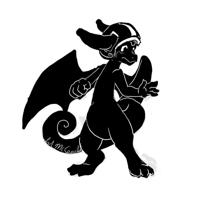  A black and white digital drawing of Olivia the dragon. She stands on the balls of her hind legs, hands lifted a little as she anxiously looks downward. Her wings are up but stiff and she is wearing a helmet with a cat sticker on it.