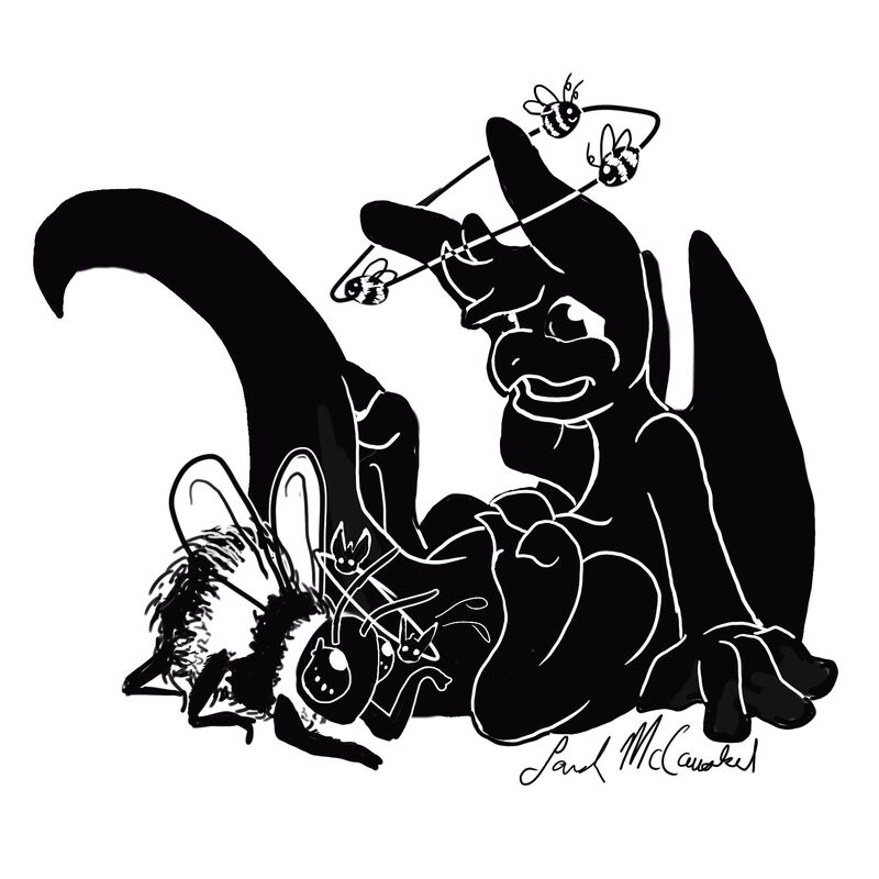 A black and white digital drawing of Olivia the dragon and a bumblebee. Olivia and the bee are both on the ground and have swirlies over their heads, indicating that they crashed into each other. The swirlies over Olivia's head have little bees, and the swirlies over the bee's head have little Olivia faces.