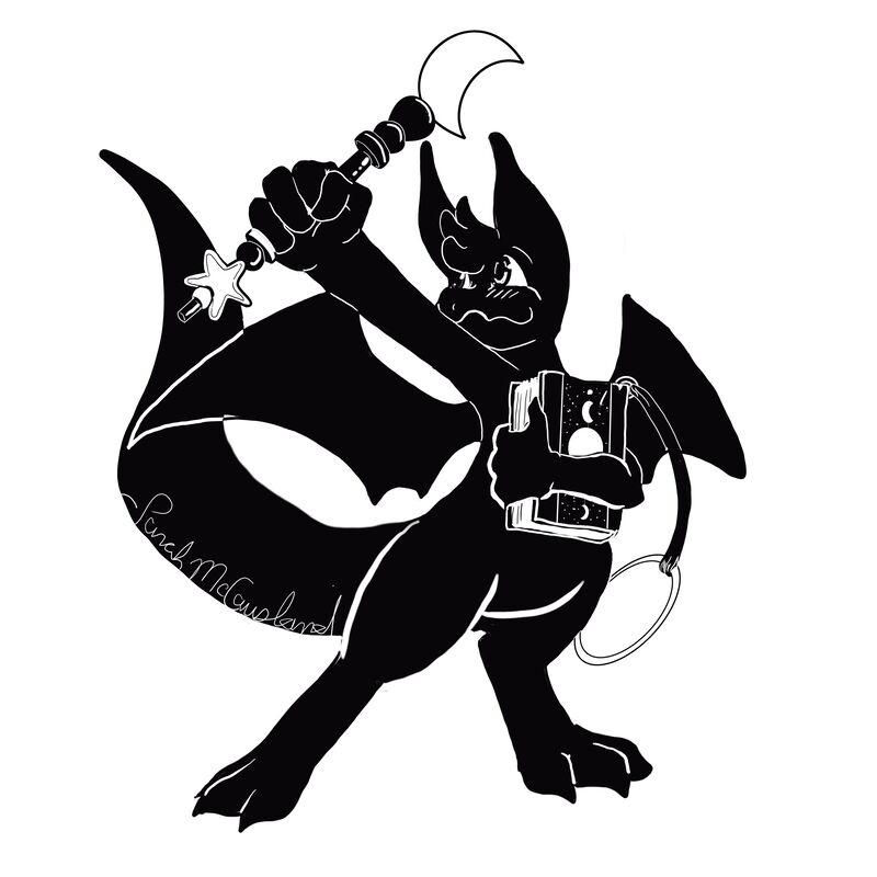 A black and white digital drawing of Olivia the dragon standing on her hind legs. She's brandishing a wand made of a lapel pin topped with a crescent moon. She is holding a keychain shaped like a book of spells with moons on it.