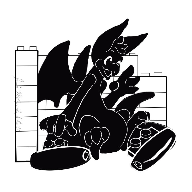 A black and white digital drawing by Sarah McCausland of Olivia the Dragon. She is sitting in front of a lego wall that she's built, and is gleefully reaching for a Lego jet engine piece.