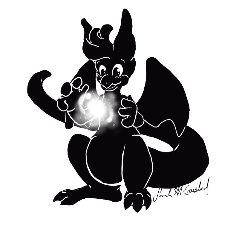 A black and white digital drawing by Sarah McCausland of Olivia the dragon.
She is sitting upright on her hind legs, with a glittering sparkle of light between her hands. She is very excited.