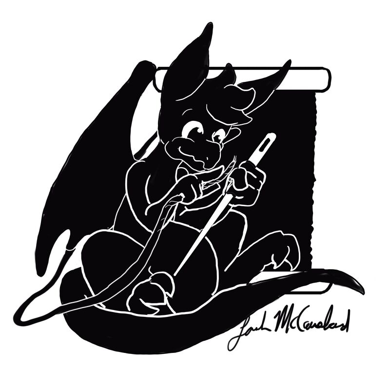 A black and white digital drawing by Sarah McCausland. It depicts Olivia the Dragon sitting in front of a spool of thread. She is attempting to thread a human-sized needle so she can repair something!