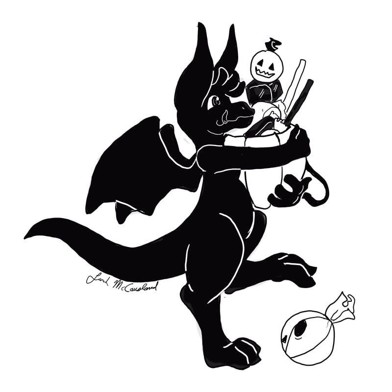 A black and white digital drawing of a black dragon named Olivia carrying a Halloween basket full of candy. She is focusing on the basket and doesn't see the chocolate ball she is about to slip on.