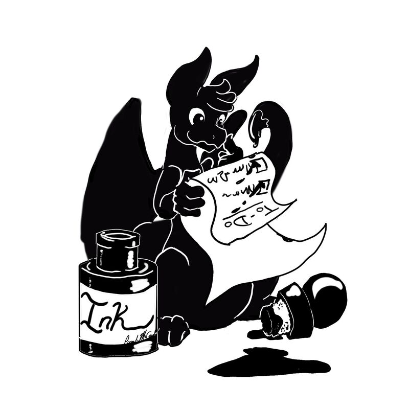 A black and white digital drawing of Olivia the Dragon. She is holding a to-do list while looking cheerfully ponderous. Her tail drips with ink and an uncapped ink bottle sits next to her, the lid leaking ink onto the ground.
